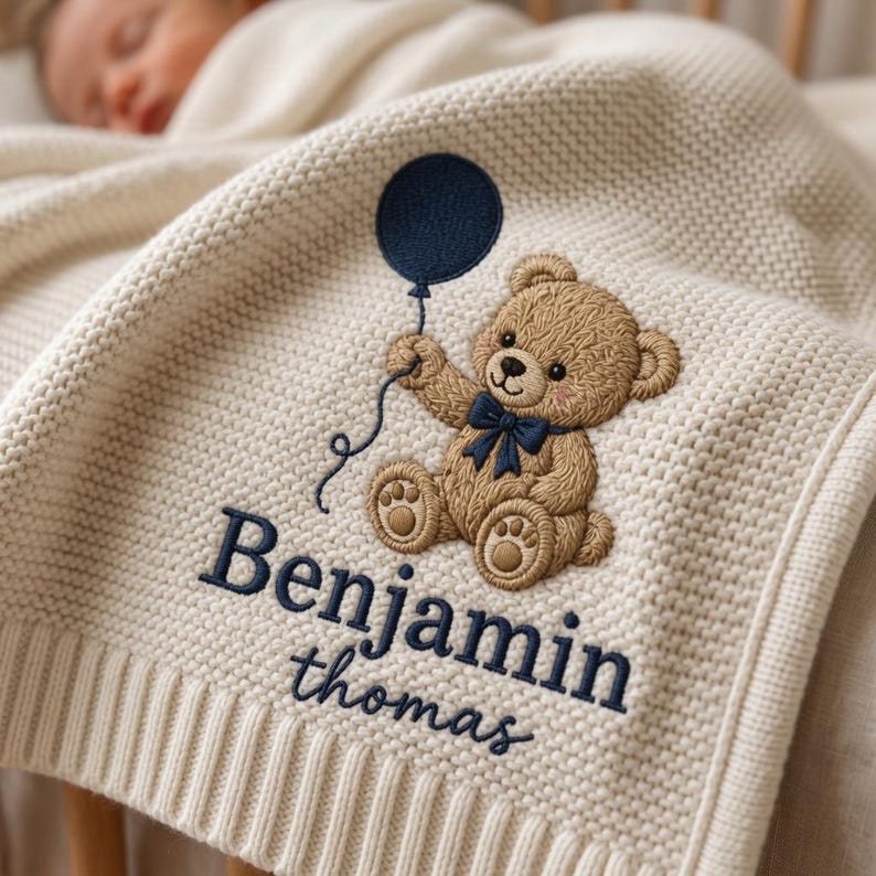 Personalized Teddy Bear Embroidered Baby Blanket, Custom Name Woodland Cabin Nursery Keepsake