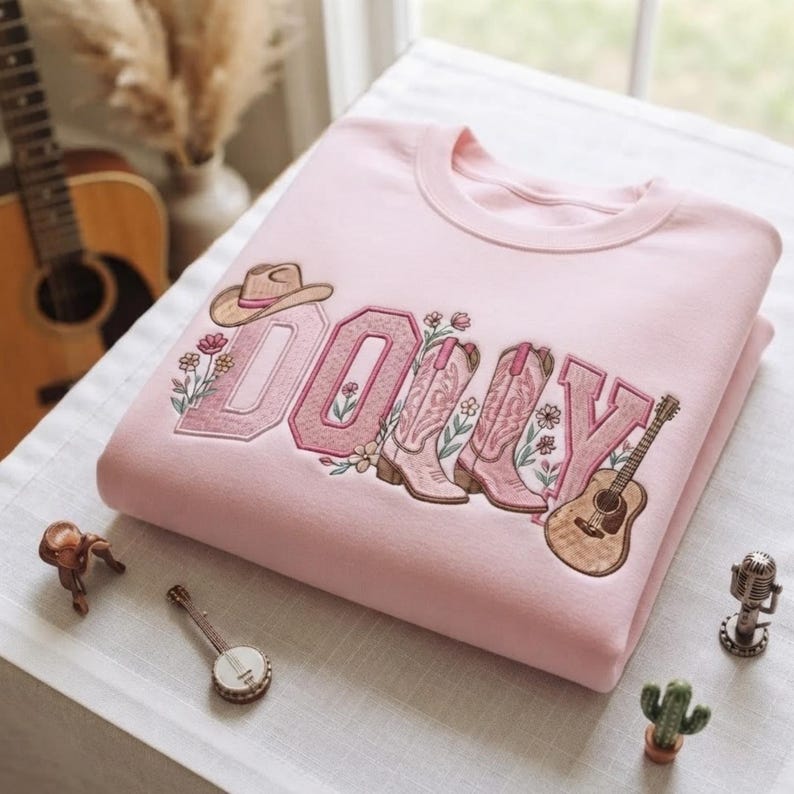 Embroidered Memorial Applique Sweatshirt Hoodie, Gingham Western Embroidered Crewneck, Cowboy Boots Guitar Floral Tribute Gift