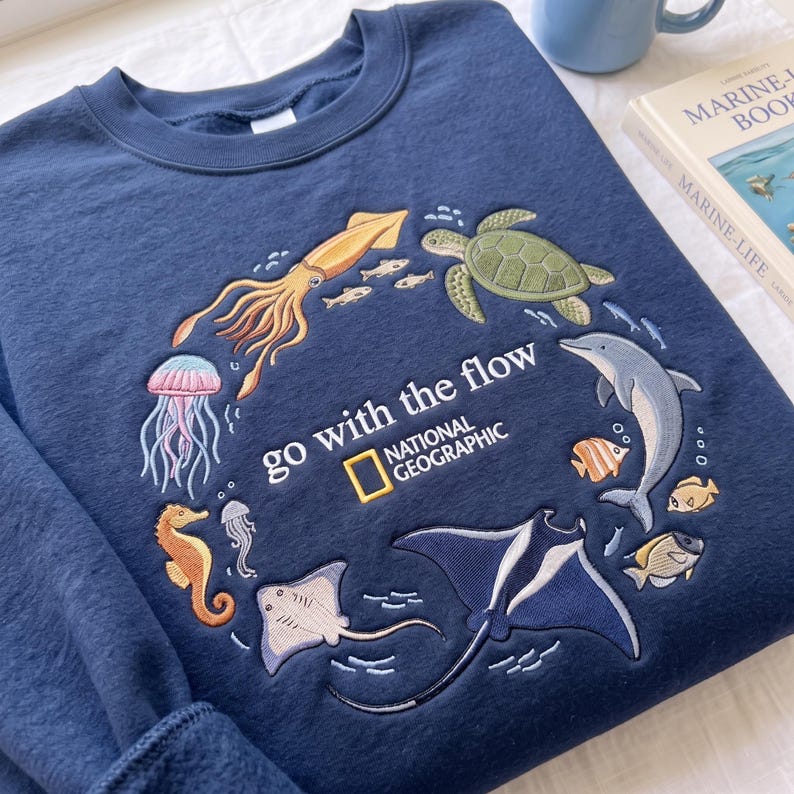Go With The Flow Embroidered Sweatshirt, Ocean Shirt, Marine Animals Shirt, Marine Life Gifts, Aquarium Lover Gift, Coastal Pullover