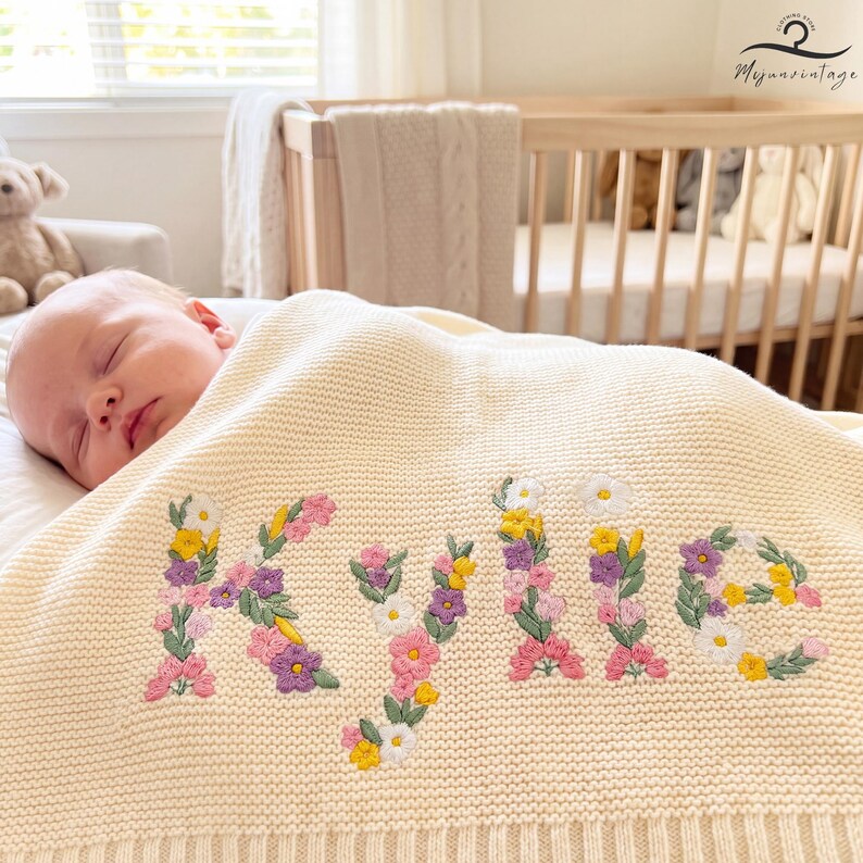 Custom Floral Baby Name Blanket, Newborn Hospital Gift, Custom Baby Gift, Baby Name Swaddle, Flower Design Blanket, Cotton Baby Blanket