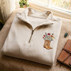 Embroidered Cowboy Boots Quarter Zip Sweatshirt – Floral Western Fleece Pullover