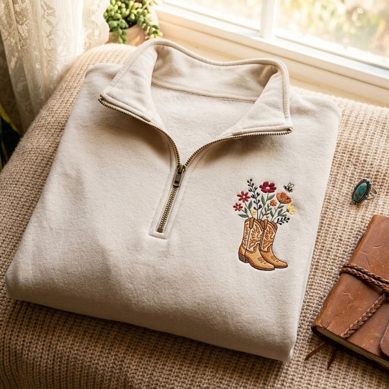 Embroidered Cowboy Boots Quarter Zip Sweatshirt – Floral Western Fleece Pullover