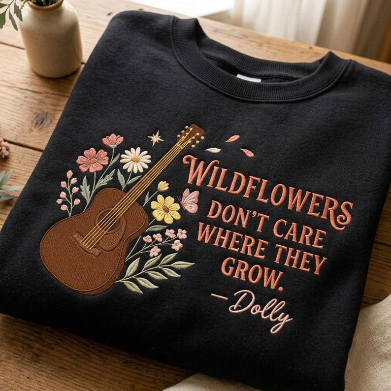 Embroidered Wildflowers Country Shirt, Dolly Parton Inspired Tee, Vintage Guitar Floral Design, Country Music Fan Gift