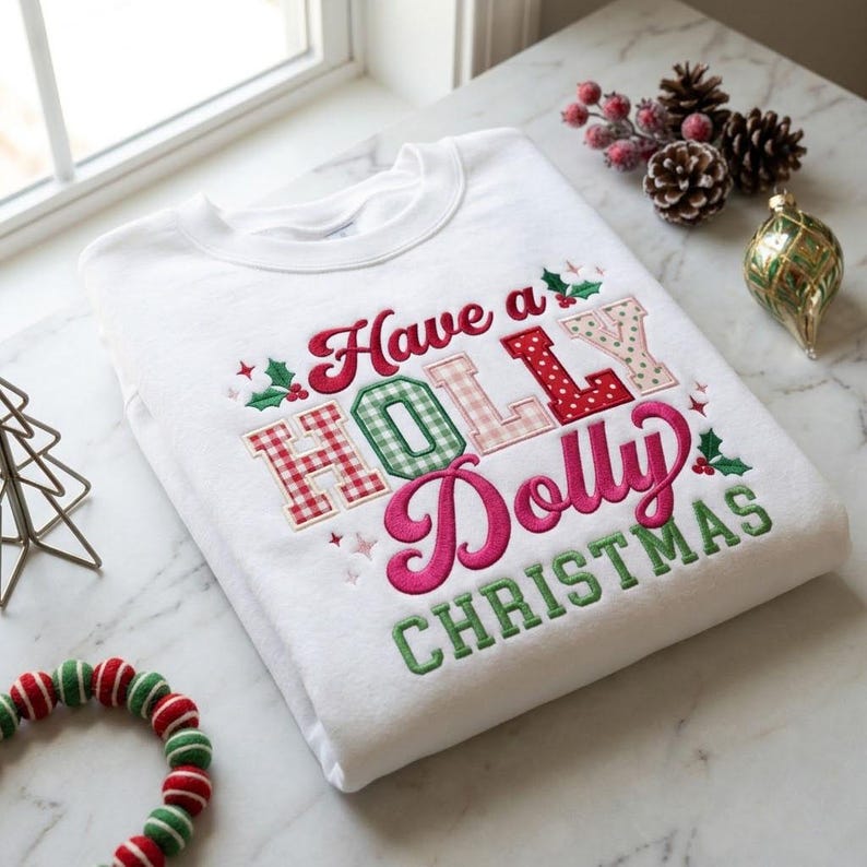 Have a Holly Dolly Christmas Sweatshirt, Embroidered Gingham Applique Crewneck, Holiday Country Music Shirt