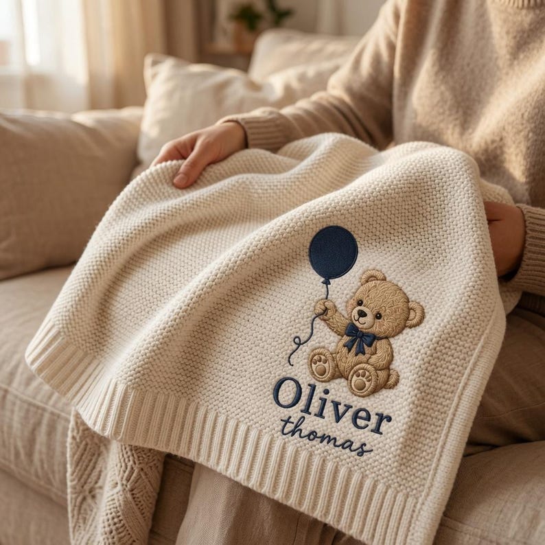 Personalized Teddy Bear Embroidered Baby Blanket, Custom Name Woodland Cabin Nursery Keepsake
