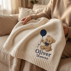 Personalized Teddy Bear Embroidered Baby Blanket, Custom Name Woodland Cabin Nursery Keepsake