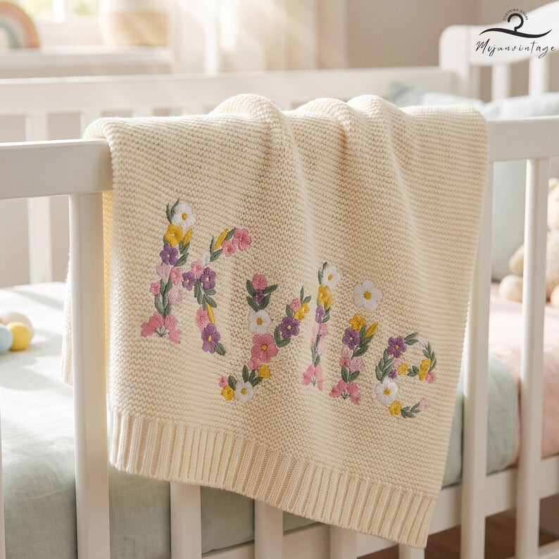 Custom Floral Baby Name Blanket, Newborn Hospital Gift, Custom Baby Gift, Baby Name Swaddle, Flower Design Blanket, Cotton Baby Blanket