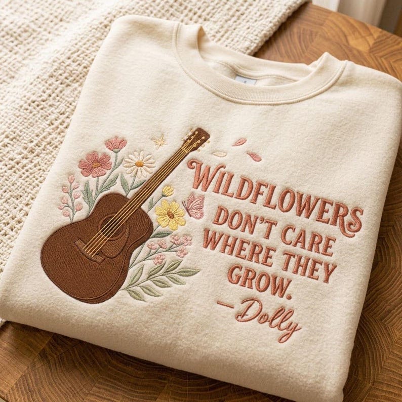 Embroidered Wildflowers Country Shirt, Dolly Parton Inspired Tee, Vintage Guitar Floral Design, Country Music Fan Gift