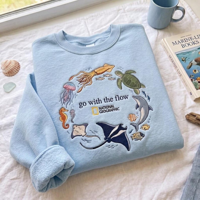 Go With The Flow Embroidered Sweatshirt, Ocean Shirt, Marine Animals Shirt, Marine Life Gifts, Aquarium Lover Gift, Coastal Pullover