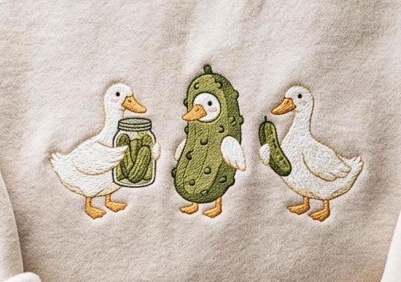 Embroidered Duck and Pickle Sweatshirt – Cozy Cotton Blend Pullover, Foodie Goose Gift