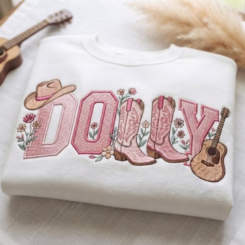 Embroidered Memorial Applique Sweatshirt Hoodie, Gingham Western Embroidered Crewneck, Cowboy Boots Guitar Floral Tribute Gift