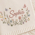Personalized floral wreath baby blanket, custom name embroidery with butterflies & bees, soft knit newborn keepsake, baby shower gift