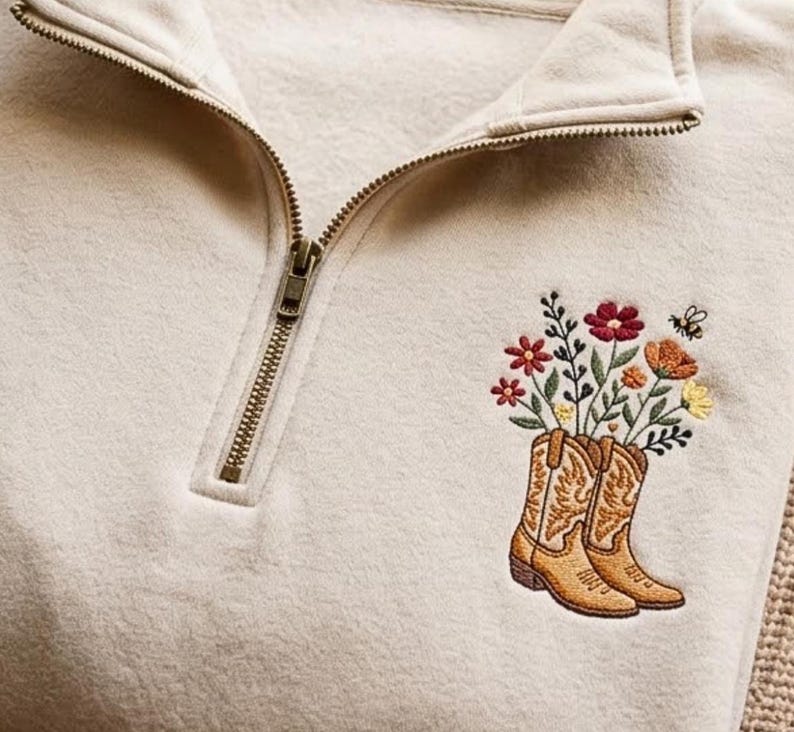 Embroidered Cowboy Boots Quarter Zip Sweatshirt – Floral Western Fleece Pullover