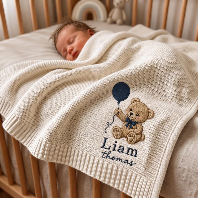 Personalized Teddy Bear Embroidered Baby Blanket, Custom Name Woodland Cabin Nursery Keepsake