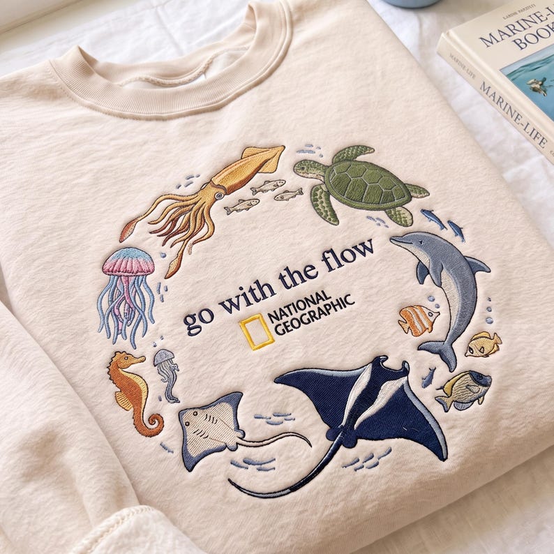 Go With The Flow Embroidered Sweatshirt, Ocean Shirt, Marine Animals Shirt, Marine Life Gifts, Aquarium Lover Gift, Coastal Pullover
