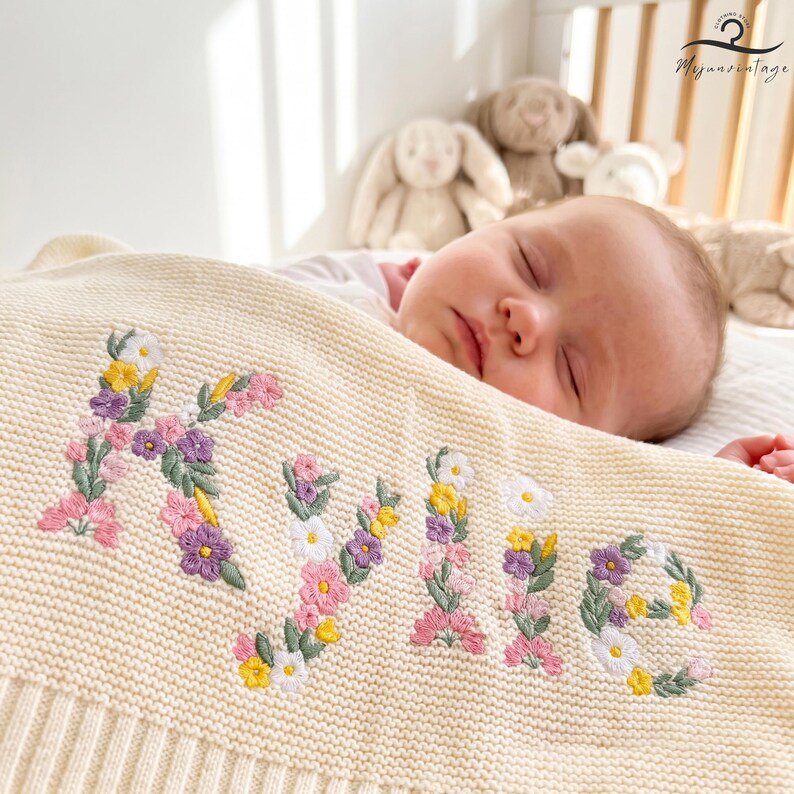 Custom Floral Baby Name Blanket, Newborn Hospital Gift, Custom Baby Gift, Baby Name Swaddle, Flower Design Blanket, Cotton Baby Blanket