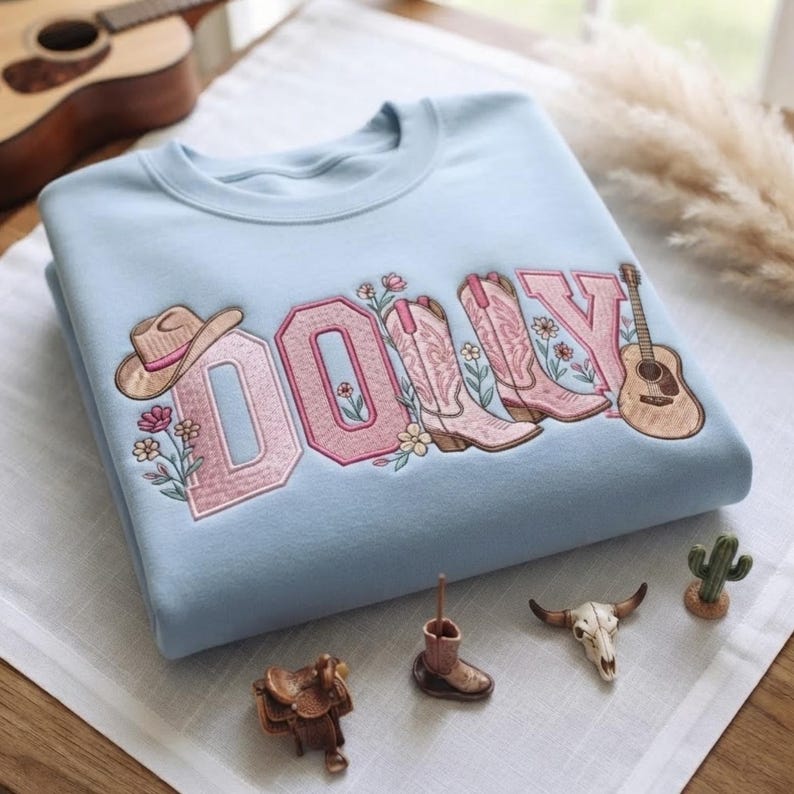 Embroidered Memorial Applique Sweatshirt Hoodie, Gingham Western Embroidered Crewneck, Cowboy Boots Guitar Floral Tribute Gift