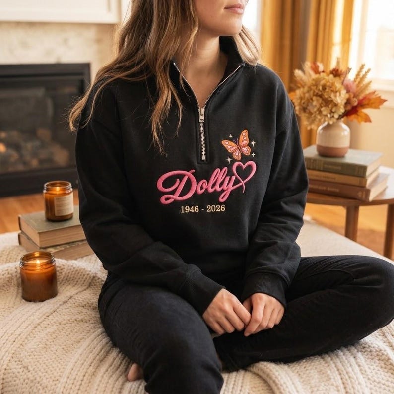 Embroidered Quarter Zip Sweatshirt, Country Music Sweatshirt, Dolly Memorial Sweatshirt
