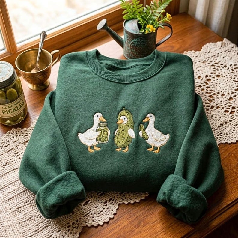 Embroidered Duck and Pickle Sweatshirt – Cozy Cotton Blend Pullover, Foodie Goose Gift