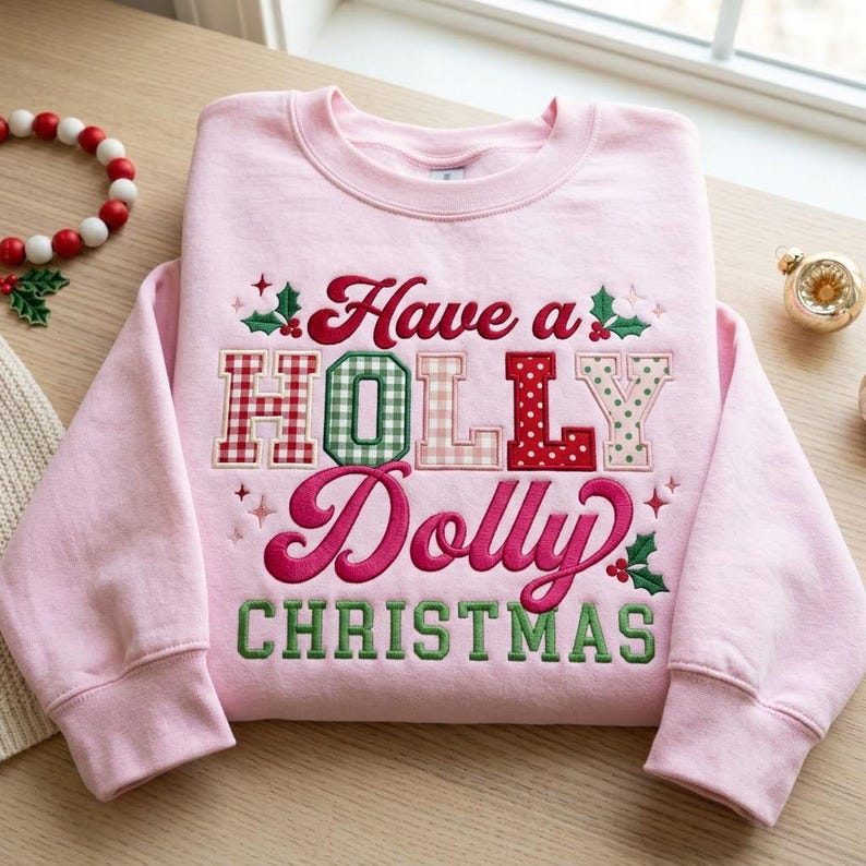 Have a Holly Dolly Christmas Sweatshirt, Embroidered Gingham Applique Crewneck, Holiday Country Music Shirt