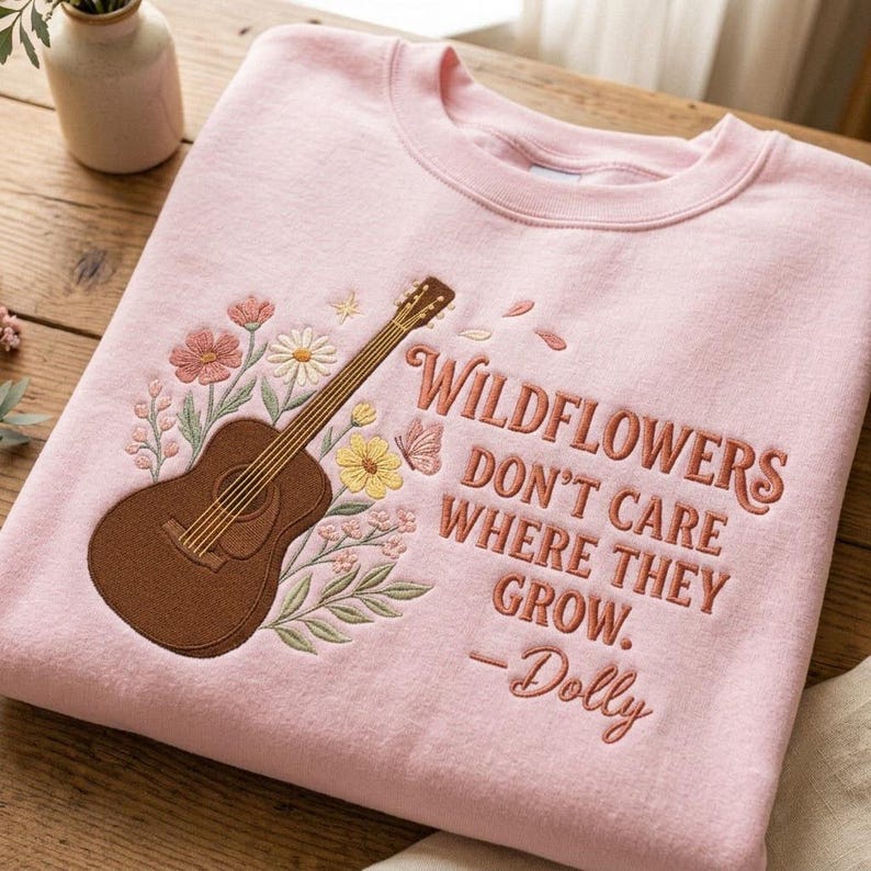 Embroidered Wildflowers Country Shirt, Dolly Parton Inspired Tee, Vintage Guitar Floral Design, Country Music Fan Gift