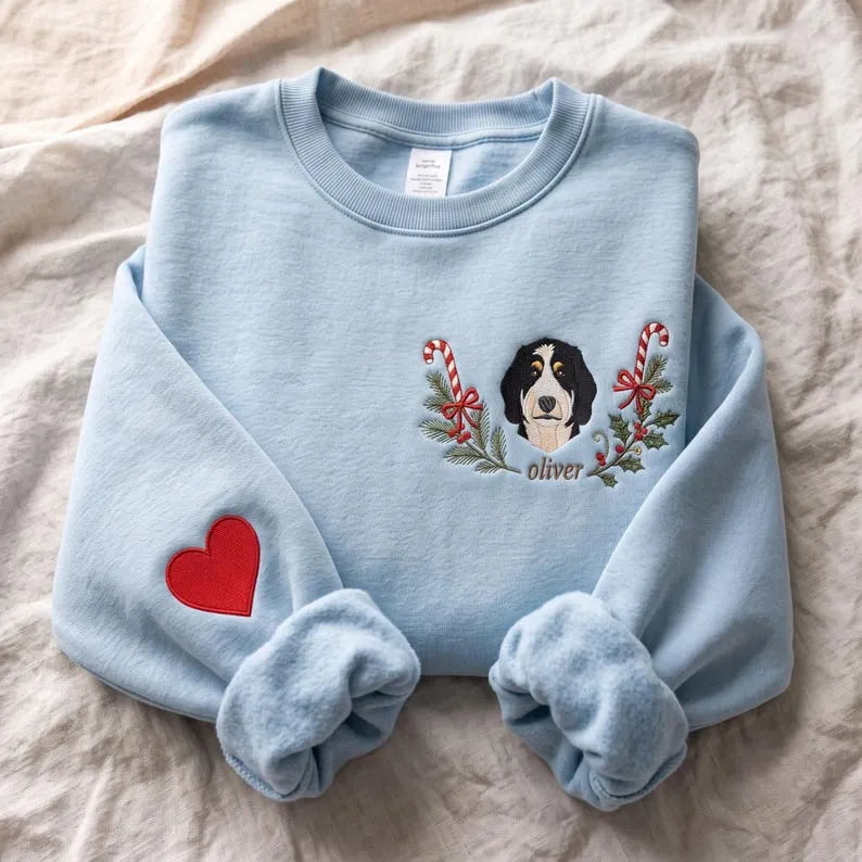Custom Pet Embroidered Sweatshirt with Christmas Wreath Design, Holiday Pet Lover Gift