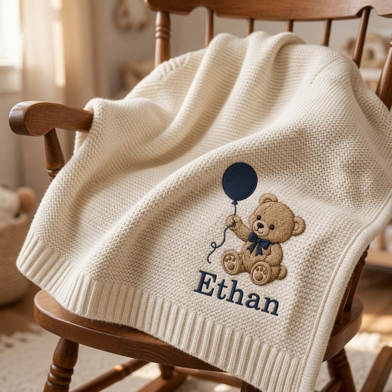 Personalized Teddy Bear Embroidered Baby Blanket, Custom Name Woodland Cabin Nursery Keepsake