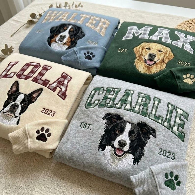 Custom Pet Portrait Embroidered Sweatshirt with Gingham Varsity Name