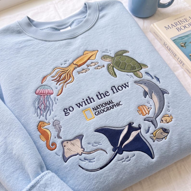 Go With The Flow Embroidered Sweatshirt, Ocean Shirt, Marine Animals Shirt, Marine Life Gifts, Aquarium Lover Gift, Coastal Pullover