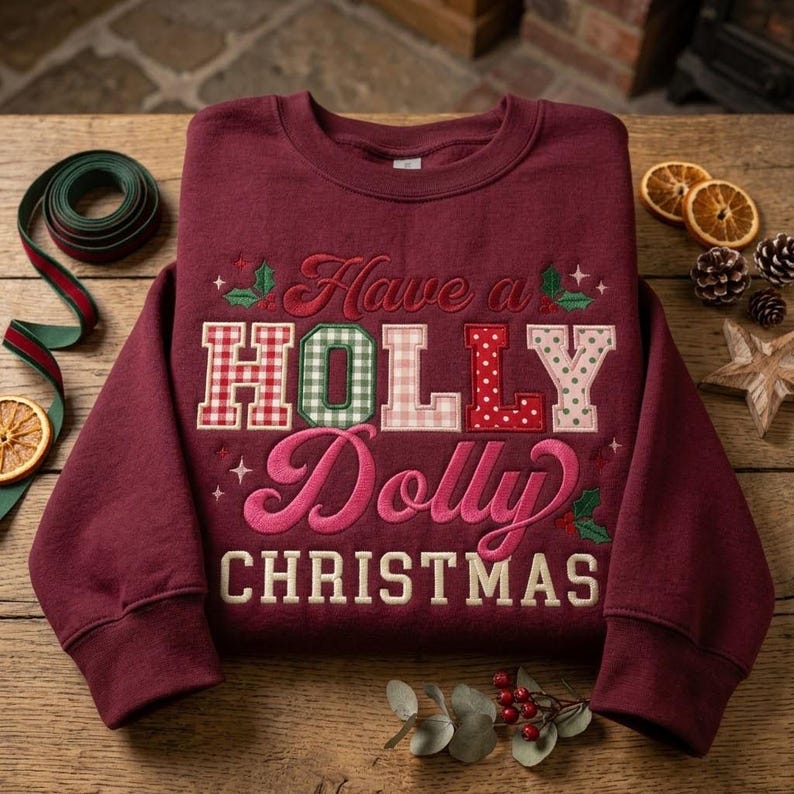 Have a Holly Dolly Christmas Sweatshirt, Embroidered Gingham Applique Crewneck, Holiday Country Music Shirt
