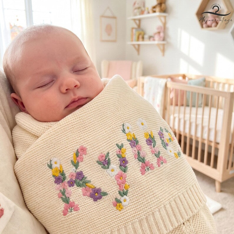 Custom Floral Baby Name Blanket, Newborn Hospital Gift, Custom Baby Gift, Baby Name Swaddle, Flower Design Blanket, Cotton Baby Blanket