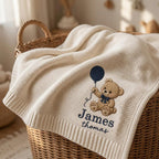 Personalized Teddy Bear Embroidered Baby Blanket, Custom Name Woodland Cabin Nursery Keepsake