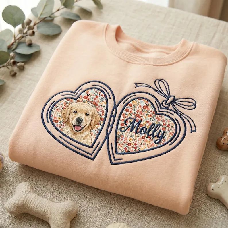 Custom Pet Portrait Embroidered Sweatshirt with Floral Applique Locket Heart with Bow