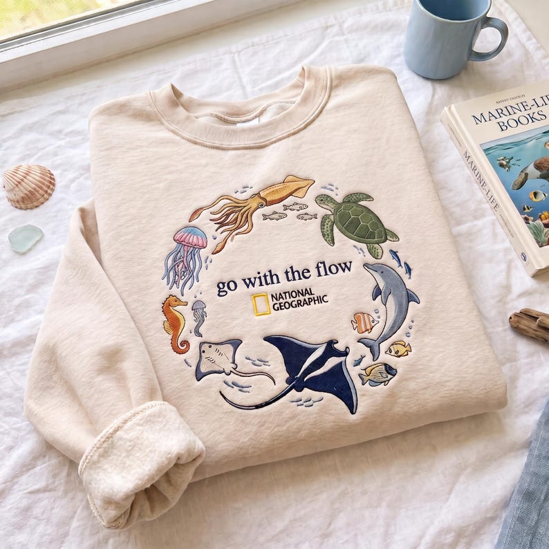 Go With The Flow Embroidered Sweatshirt, Ocean Shirt, Marine Animals Shirt, Marine Life Gifts, Aquarium Lover Gift, Coastal Pullover