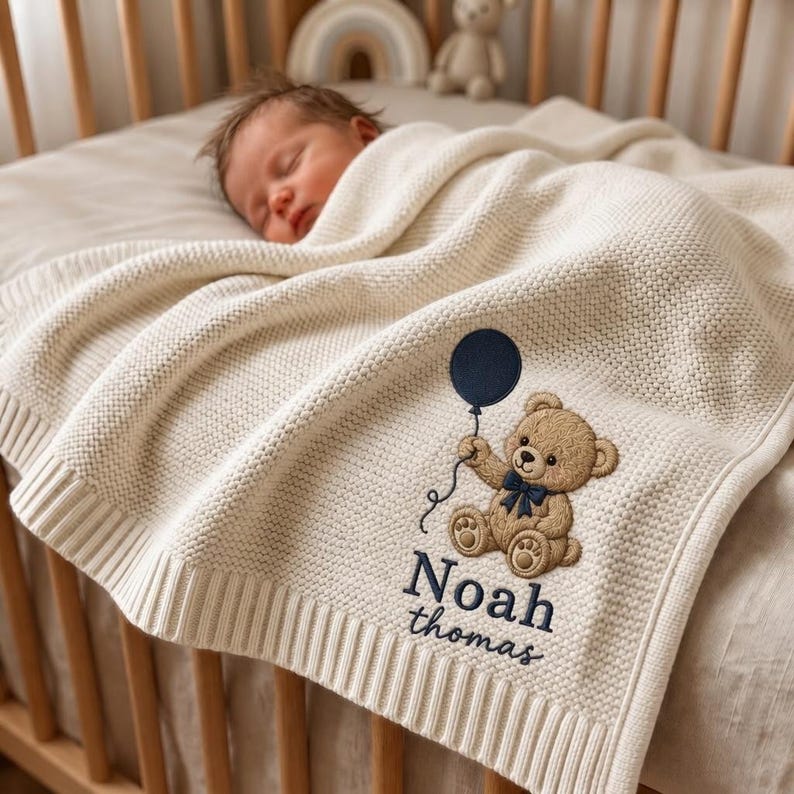 Personalized Teddy Bear Embroidered Baby Blanket, Custom Name Woodland Cabin Nursery Keepsake