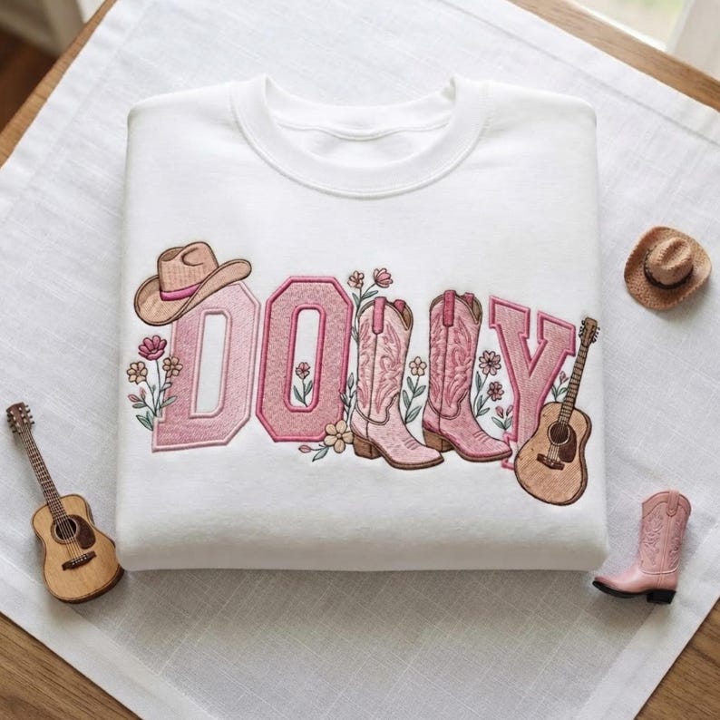Embroidered Memorial Applique Sweatshirt Hoodie, Gingham Western Embroidered Crewneck, Cowboy Boots Guitar Floral Tribute Gift