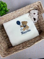 Personalized Teddy Bear Embroidered Baby Blanket, Custom Name Woodland Cabin Nursery Keepsake