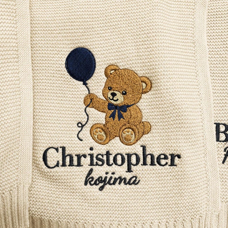 Personalized Teddy Bear Embroidered Baby Blanket, Custom Name Woodland Cabin Nursery Keepsake