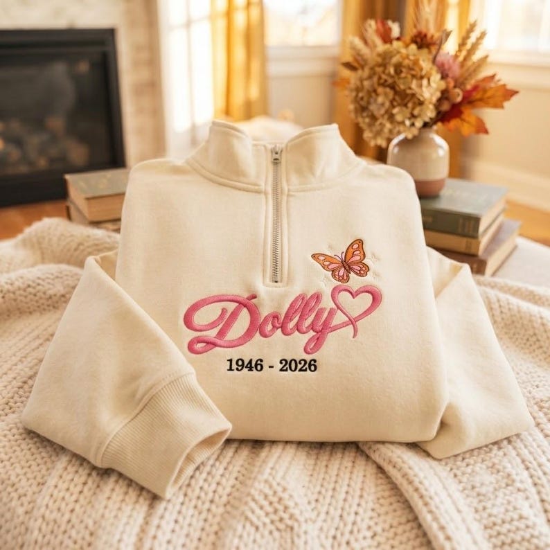 Embroidered Quarter Zip Sweatshirt, Country Music Sweatshirt, Dolly Memorial Sweatshirt