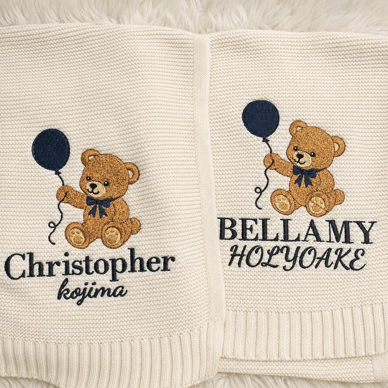 Personalized Teddy Bear Embroidered Baby Blanket, Custom Name Woodland Cabin Nursery Keepsake