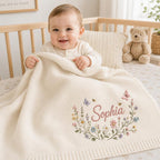 Personalized floral wreath baby blanket, custom name embroidery with butterflies & bees, soft knit newborn keepsake, baby shower gift