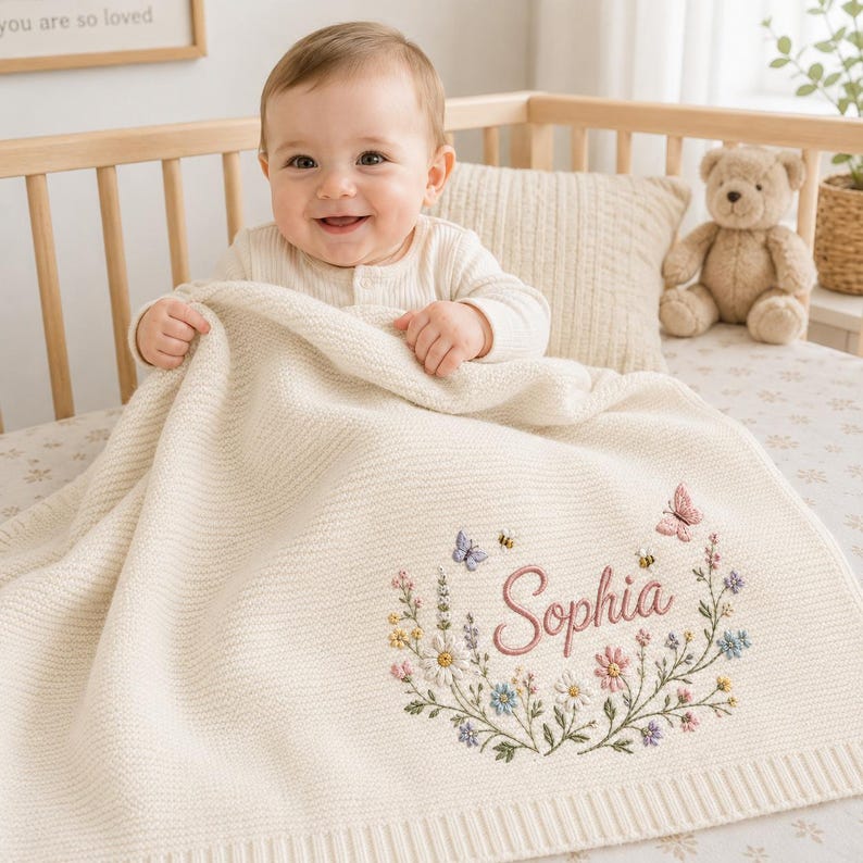 Personalized floral wreath baby blanket, custom name embroidery with butterflies & bees, soft knit newborn keepsake, baby shower gift