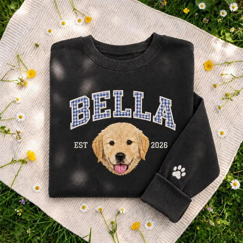 Custom Pet Portrait Embroidered Gingham Applique Sweatshirt