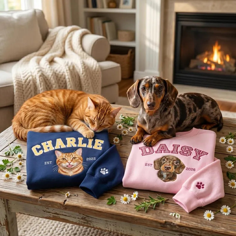 Custom Pet Portrait Embroidered Gingham Applique Sweatshirt