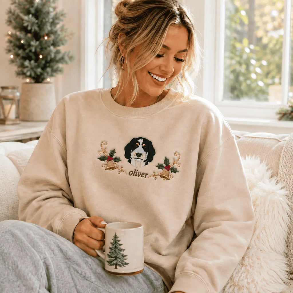 Custom Pet Embroidered Sweatshirt with Christmas Wreath Design, Holiday Pet Lover Gift