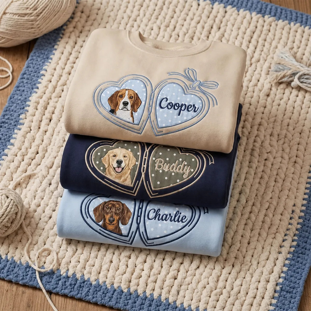 Custom Pet Portrait Embroidered Sweatshirt with Polka Dot Locket Heart Coquette