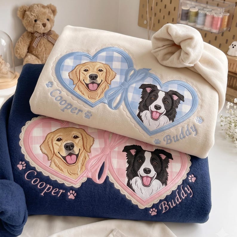 Custom 2-Pet Portrait Embroidered Sweatshirt — Gingham Heart Locket with Coquette Bow