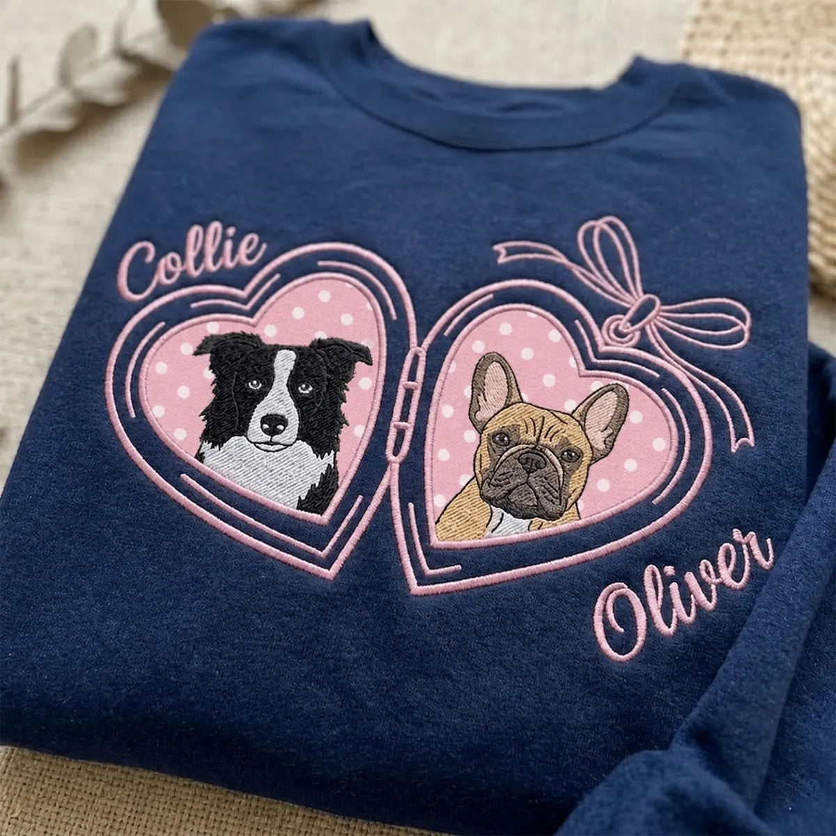 Custom Pet Portrait Embroidered Sweatshirt with Polka Dot Locket Heart Coquette