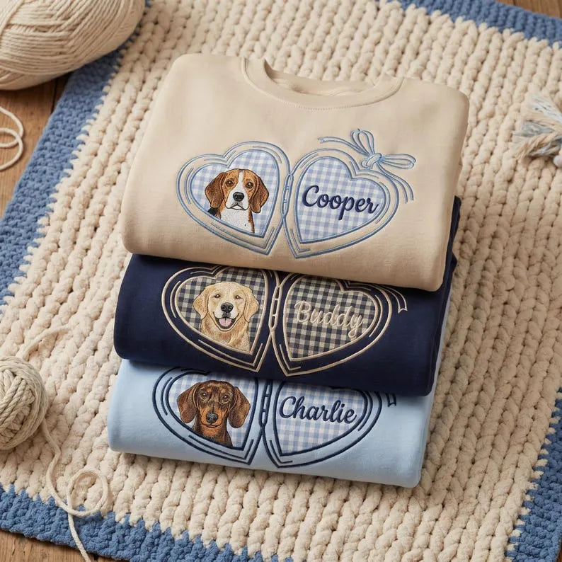 Custom Pet Portrait Embroidered Sweatshirt with Gingham Locket Heart Coquette