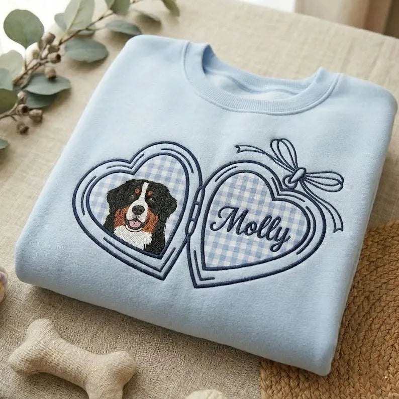 Custom Pet Portrait Embroidered Sweatshirt with Gingham Locket Heart Coquette